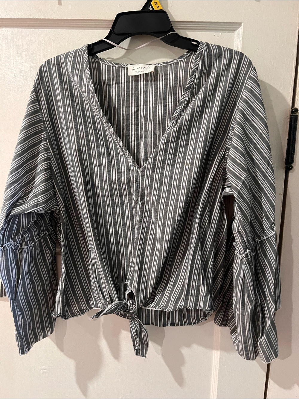 lavender field Gray and White Striped V-Neck Tie-Front Blouse